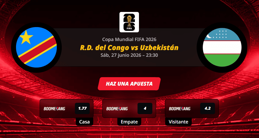 Pronóstico del partido R.D. del Congo vs Uzbekistán en la Copa Mundial 2026.