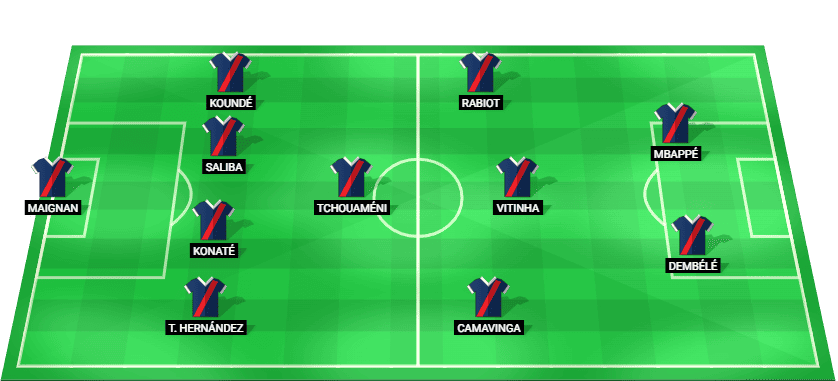 Gráfico con el once inicial de la selección de Francia para el partido de cuartos de final de la Copa Mundial 2026 frente a Marruecos.
